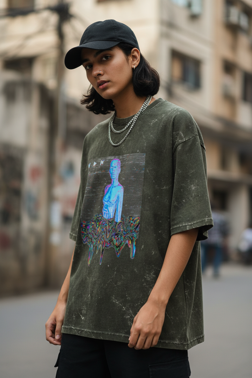 Glitched Unisex Acid Washed Oversized Tee