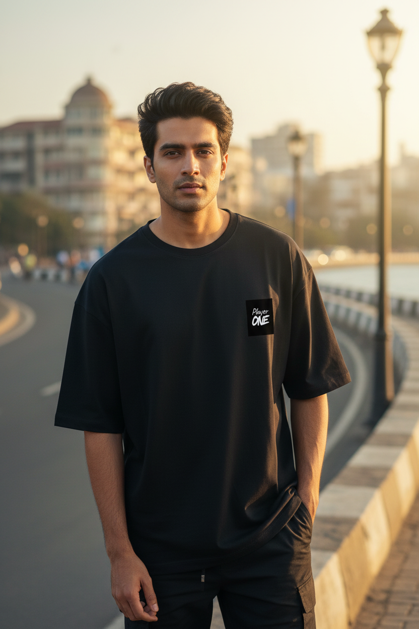 Player One Black Unisex Terry Oversized Tee