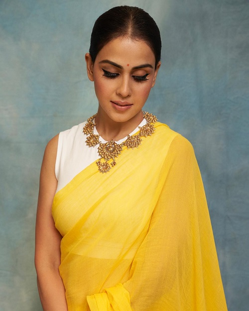 Plain yellow saree outlet with designer blouse