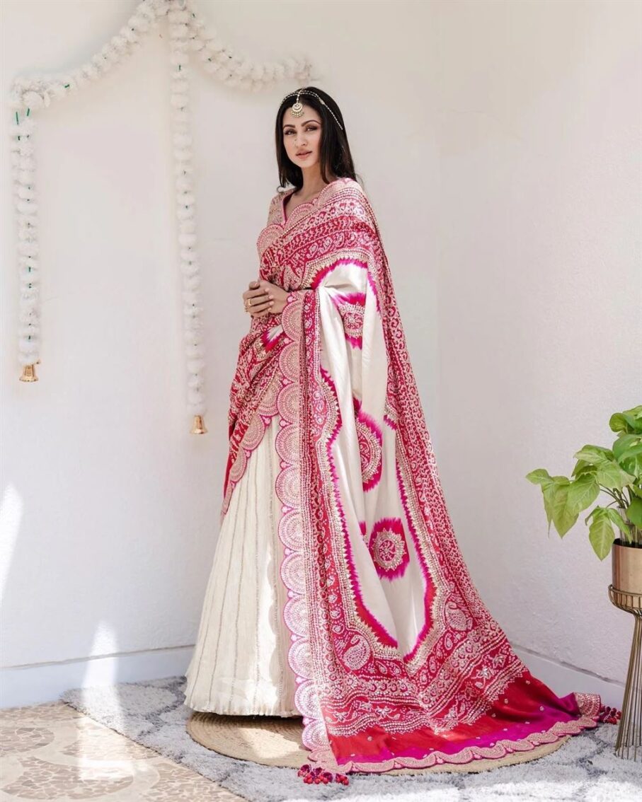 white and pink saree